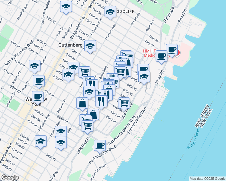 map of restaurants, bars, coffee shops, grocery stores, and more near Park Ave & 66th St in West New York