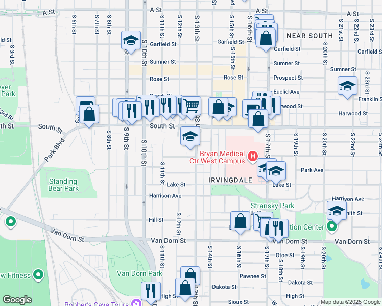 map of restaurants, bars, coffee shops, grocery stores, and more near 2215 South 13th Street in Lincoln
