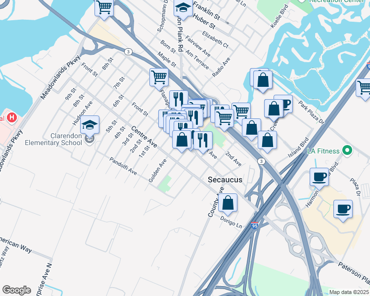 map of restaurants, bars, coffee shops, grocery stores, and more near 766 Humboldt Street in Secaucus