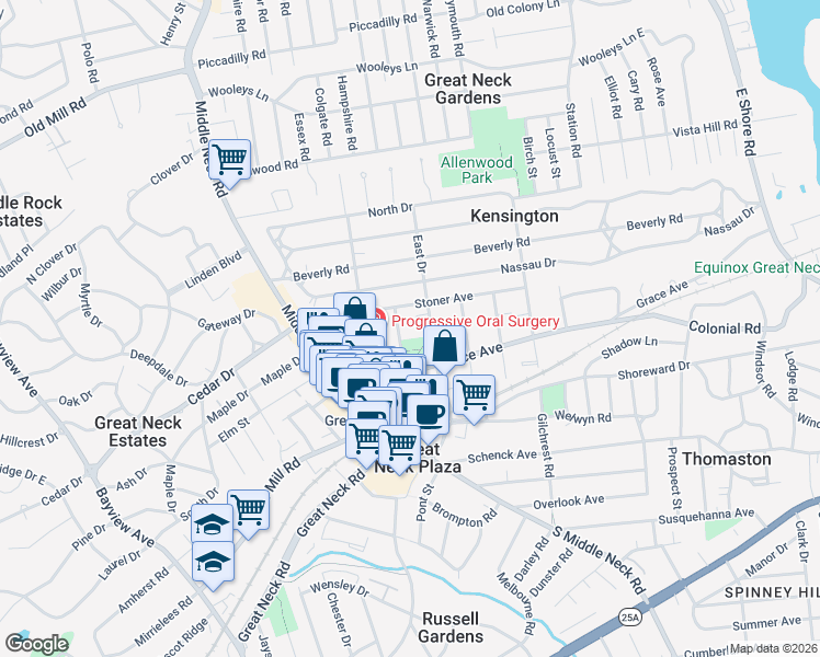 map of restaurants, bars, coffee shops, grocery stores, and more near 25 Park Place in Great Neck