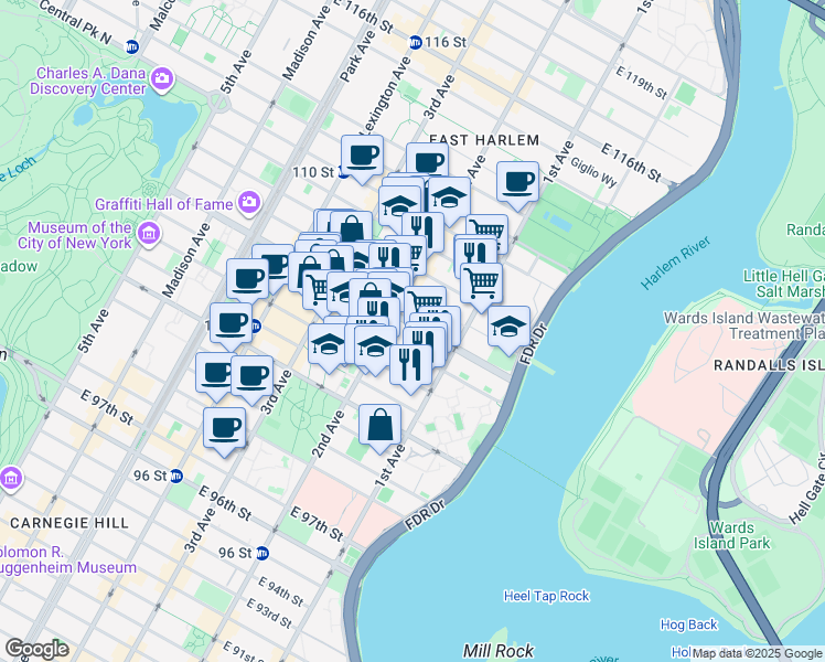 map of restaurants, bars, coffee shops, grocery stores, and more near 312 East 106th Street in New York