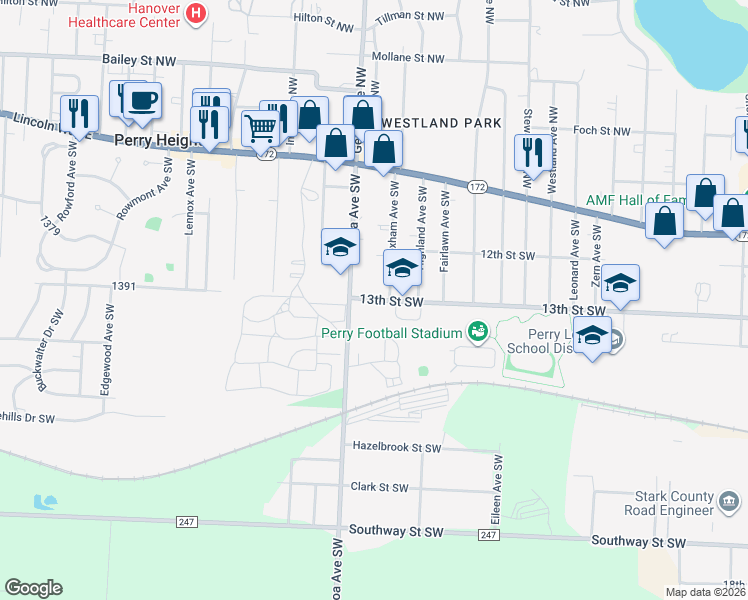 map of restaurants, bars, coffee shops, grocery stores, and more near 4315 13th Street Southwest in Massillon