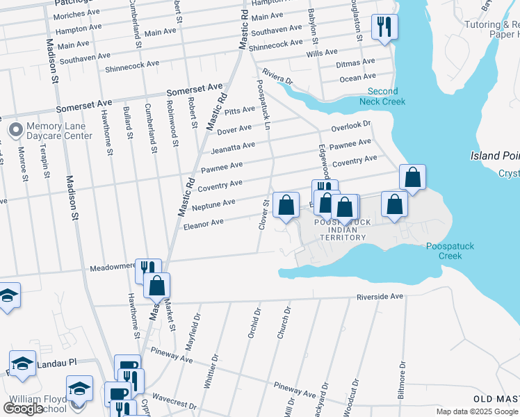 map of restaurants, bars, coffee shops, grocery stores, and more near 20 Clover Street in Mastic