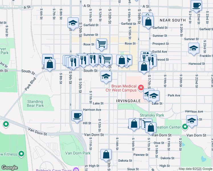 map of restaurants, bars, coffee shops, grocery stores, and more near 2215 South 13th Street in Lincoln