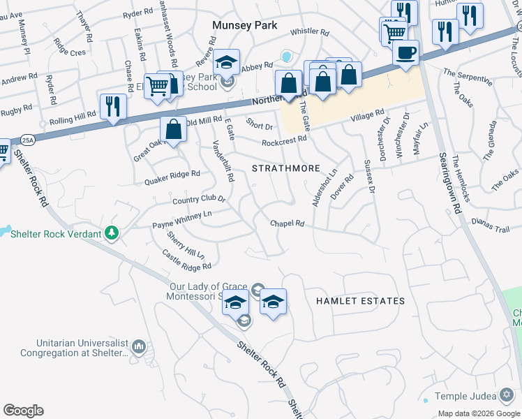 map of restaurants, bars, coffee shops, grocery stores, and more near 118 Chapel Road in Manhasset