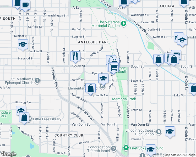 map of restaurants, bars, coffee shops, grocery stores, and more near 3021 Sewell Street in Lincoln