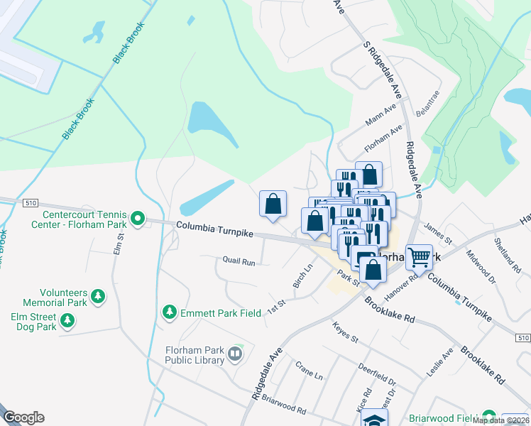 map of restaurants, bars, coffee shops, grocery stores, and more near 54 Park Street in Florham Park