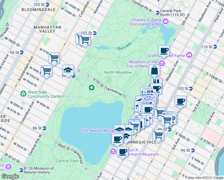 map of restaurants, bars, coffee shops, grocery stores, and more near 97th Street Transverse in New York