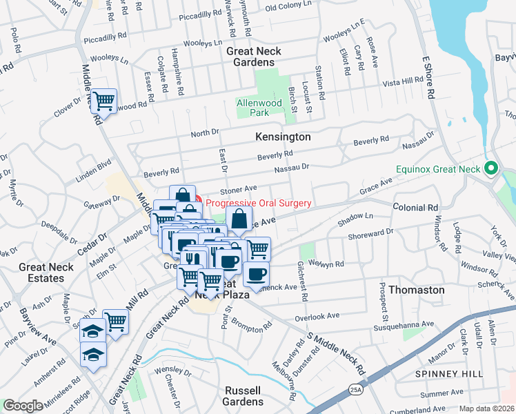 map of restaurants, bars, coffee shops, grocery stores, and more near 21 Canterbury Road in Great Neck