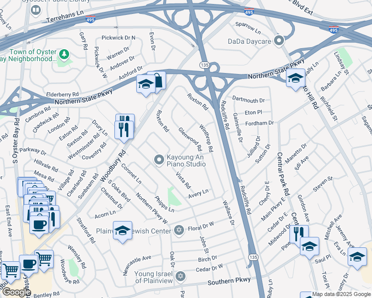 map of restaurants, bars, coffee shops, grocery stores, and more near Roxton Road in Plainview