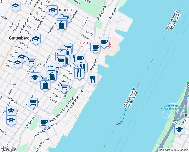 map of restaurants, bars, coffee shops, grocery stores, and more near 31 Lydia Drive in Guttenberg