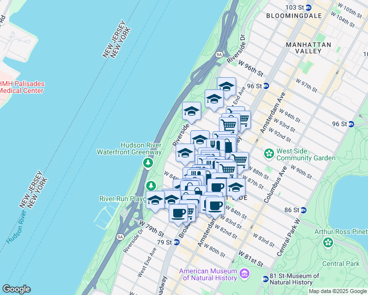 map of restaurants, bars, coffee shops, grocery stores, and more near 344 West 87th Street in New York