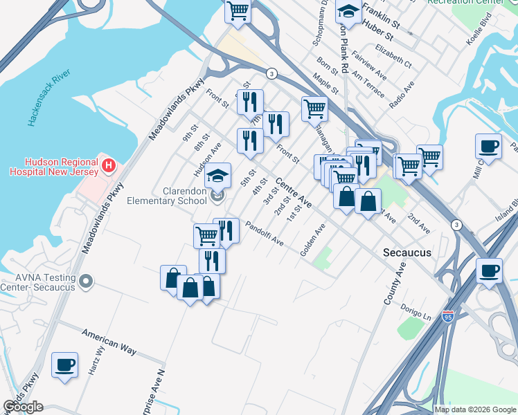 map of restaurants, bars, coffee shops, grocery stores, and more near 226 Pandolfi Avenue in Secaucus