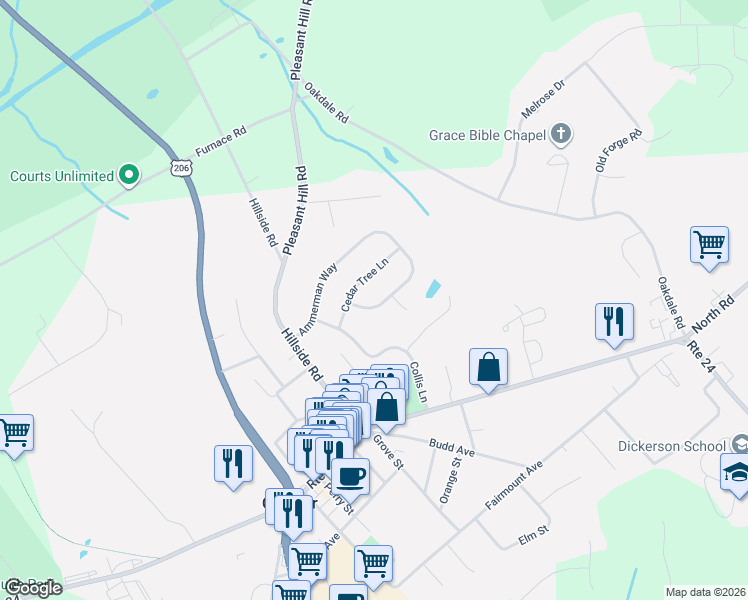 map of restaurants, bars, coffee shops, grocery stores, and more near 38 Ammerman Way in Chester