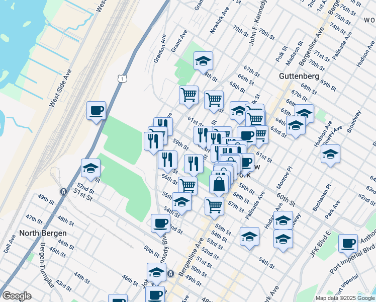 map of restaurants, bars, coffee shops, grocery stores, and more near 5812 Adams Street in West New York