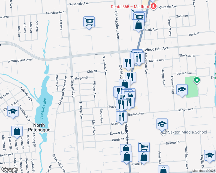 map of restaurants, bars, coffee shops, grocery stores, and more near 19 Katy Street in Patchogue