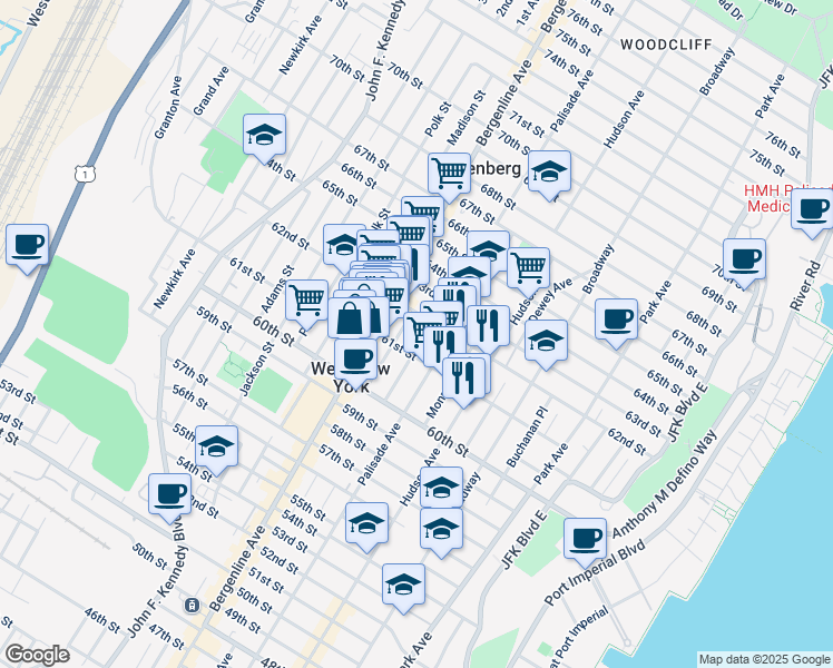 map of restaurants, bars, coffee shops, grocery stores, and more near 6107A Palisade Avenue in West New York