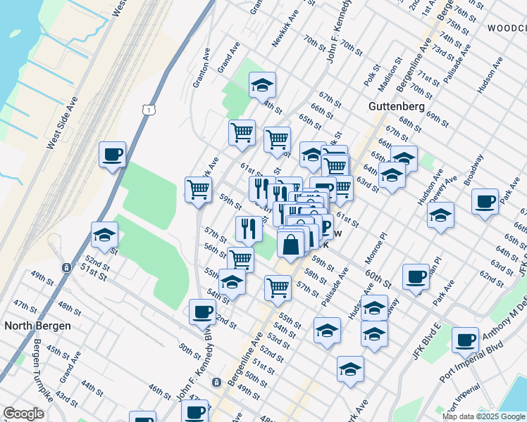 map of restaurants, bars, coffee shops, grocery stores, and more near 566 59th Street in West New York