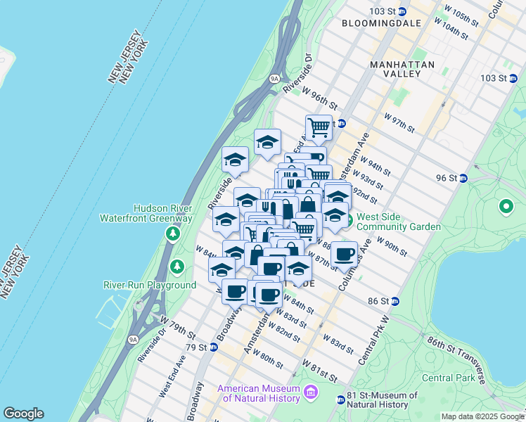 map of restaurants, bars, coffee shops, grocery stores, and more near 576 West End Avenue in New York