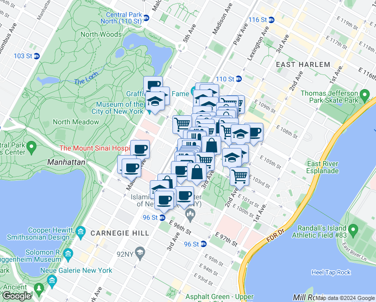 map of restaurants, bars, coffee shops, grocery stores, and more near 117 East 102nd Street in New York