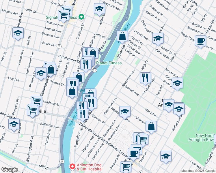 map of restaurants, bars, coffee shops, grocery stores, and more near 135 Bathurst Avenue in North Arlington