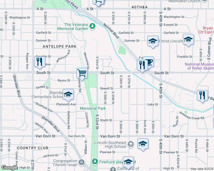 map of restaurants, bars, coffee shops, grocery stores, and more near 2315 South 34th Street in Lincoln