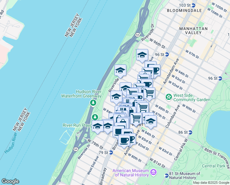 map of restaurants, bars, coffee shops, grocery stores, and more near 340 West 86th Street in New York