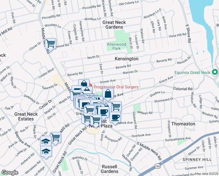 map of restaurants, bars, coffee shops, grocery stores, and more near 21 Barstow Road in Great Neck