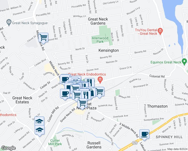 map of restaurants, bars, coffee shops, grocery stores, and more near 21 Barstow Road in Great Neck