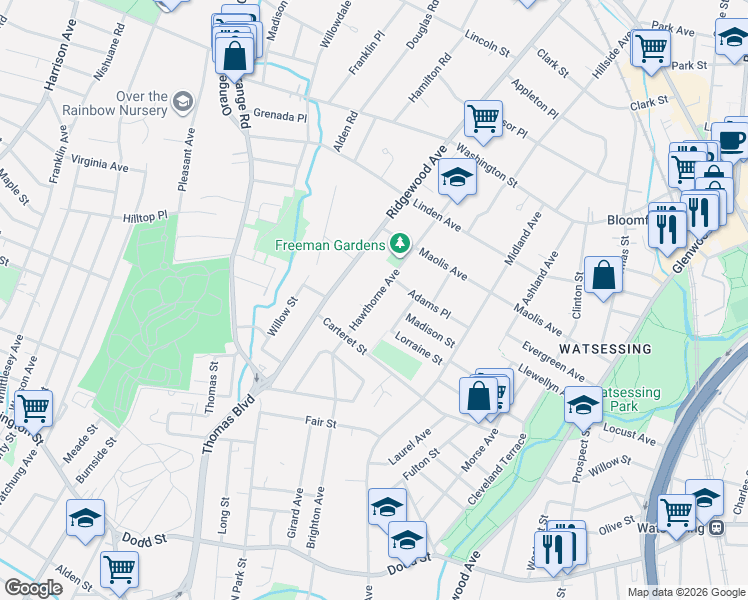 map of restaurants, bars, coffee shops, grocery stores, and more near 36 Chapman Place in Glen Ridge