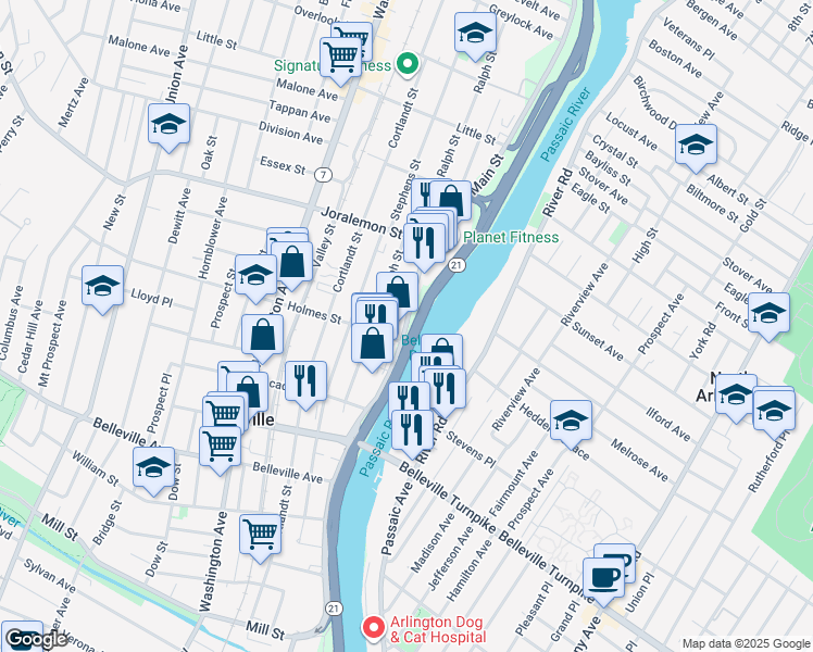 map of restaurants, bars, coffee shops, grocery stores, and more near 293 Main Street in Belleville