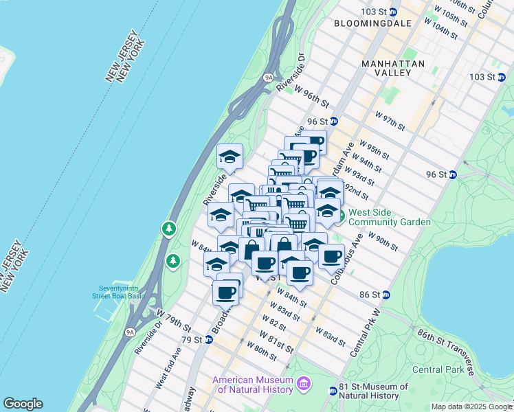 map of restaurants, bars, coffee shops, grocery stores, and more near West End Ave & W 88th St in New York