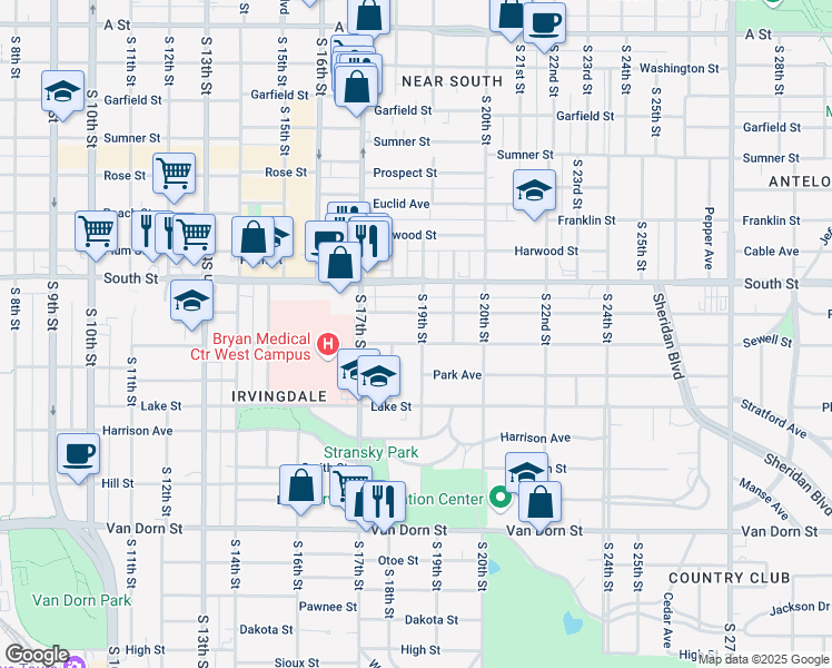 map of restaurants, bars, coffee shops, grocery stores, and more near 2231 South 19th Street in Lincoln