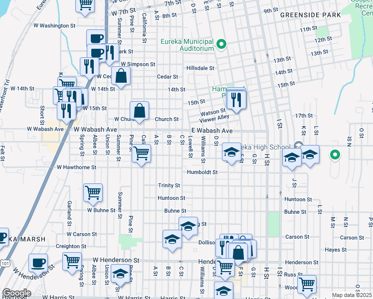 map of restaurants, bars, coffee shops, grocery stores, and more near 2015 C Street in Eureka