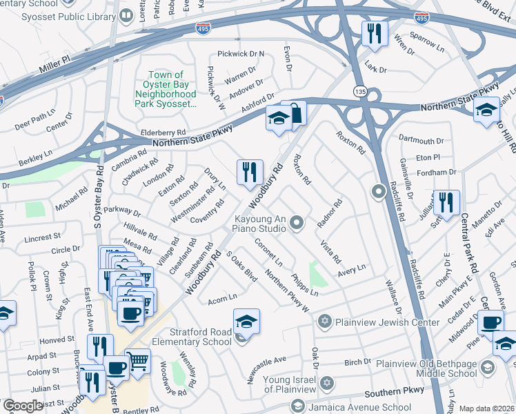map of restaurants, bars, coffee shops, grocery stores, and more near 5 Phipps Lane in Plainview