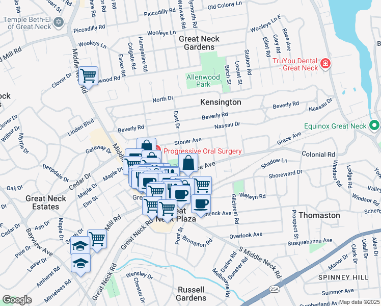 map of restaurants, bars, coffee shops, grocery stores, and more near 21 Barstow Road in Great Neck