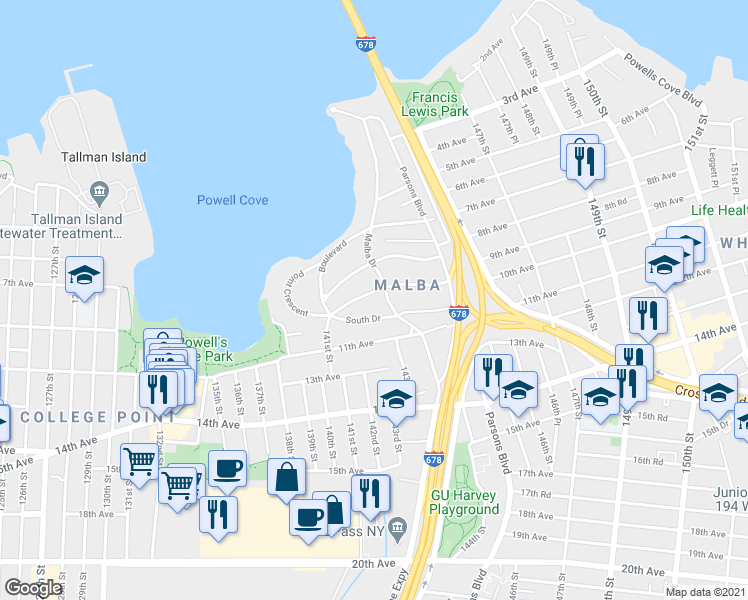 map of restaurants, bars, coffee shops, grocery stores, and more near 24 Center Dr in Queens