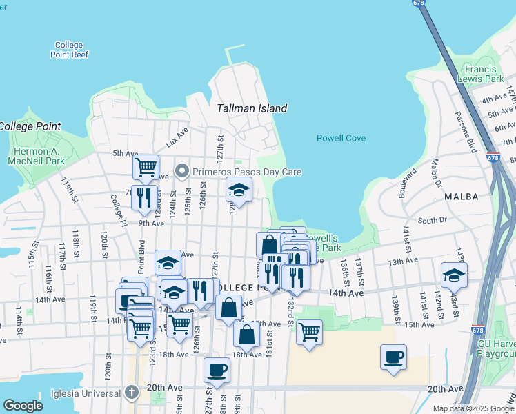 map of restaurants, bars, coffee shops, grocery stores, and more near 129-01 9th Avenue in Queens