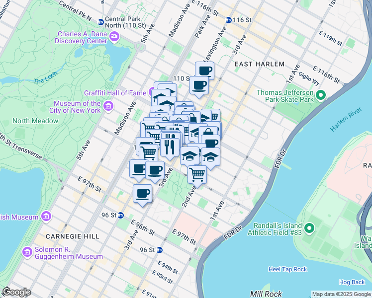 map of restaurants, bars, coffee shops, grocery stores, and more near 201 East 104th Street in New York