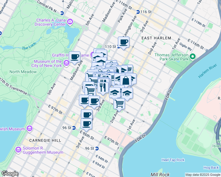 map of restaurants, bars, coffee shops, grocery stores, and more near 201 East 104th Street in New York