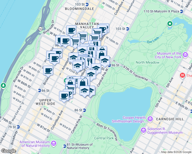 map of restaurants, bars, coffee shops, grocery stores, and more near 323 Central Park West in New York