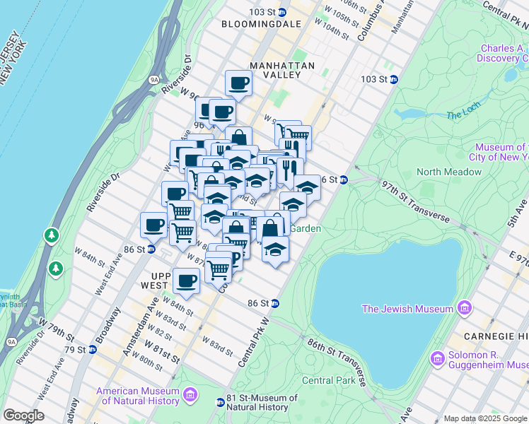 map of restaurants, bars, coffee shops, grocery stores, and more near 61 West 91st Street in New York