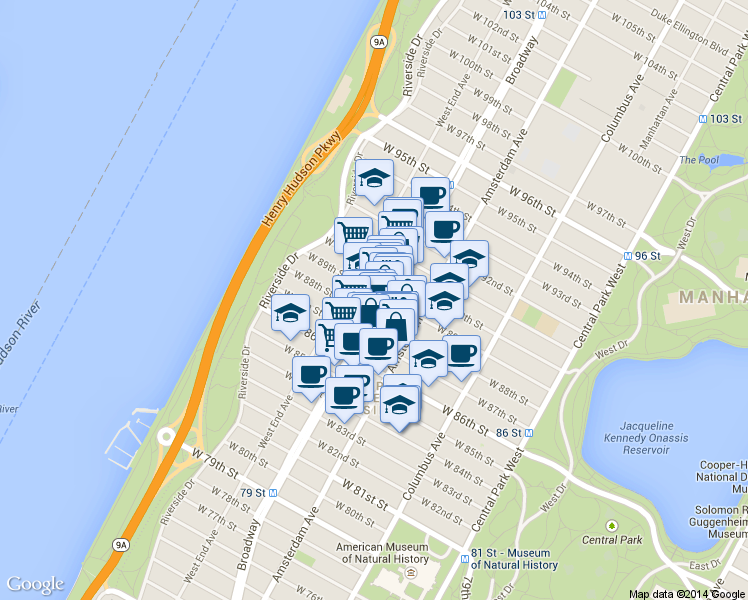 map of restaurants, bars, coffee shops, grocery stores, and more near in New York