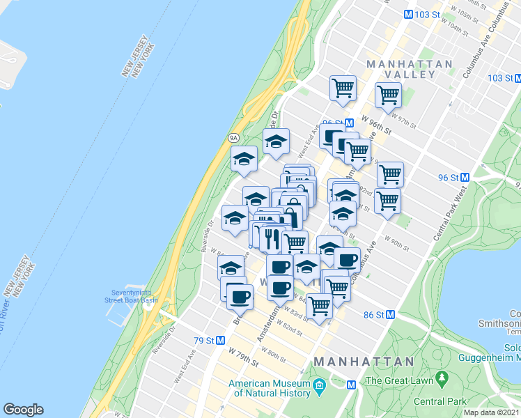 map of restaurants, bars, coffee shops, grocery stores, and more near 269 West 87th Street in New York