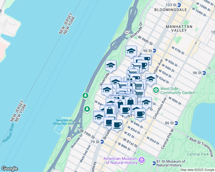 map of restaurants, bars, coffee shops, grocery stores, and more near 313 West 86th Street in New York