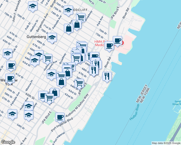 map of restaurants, bars, coffee shops, grocery stores, and more near 7000 Boulevard East in Guttenberg