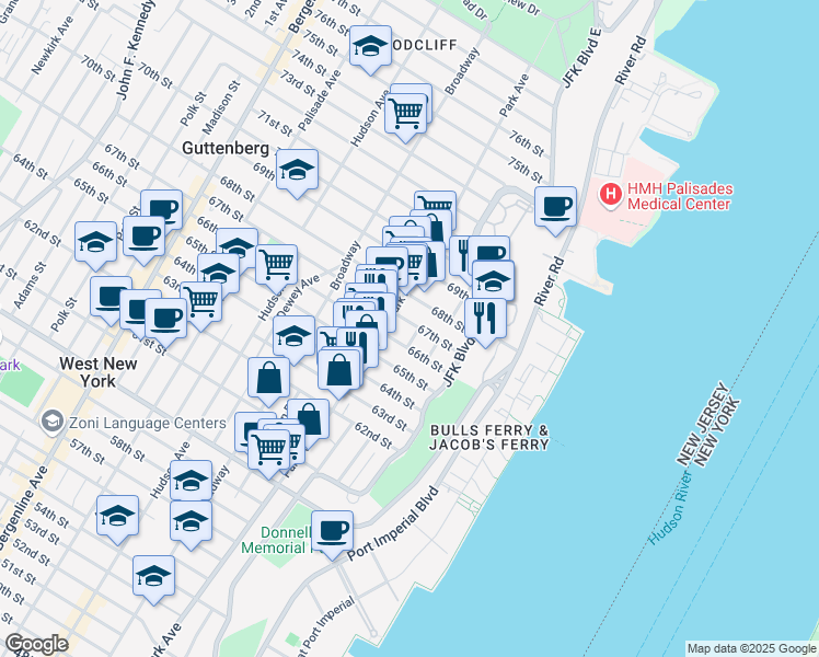 map of restaurants, bars, coffee shops, grocery stores, and more near 6612B Lincoln Place in West New York