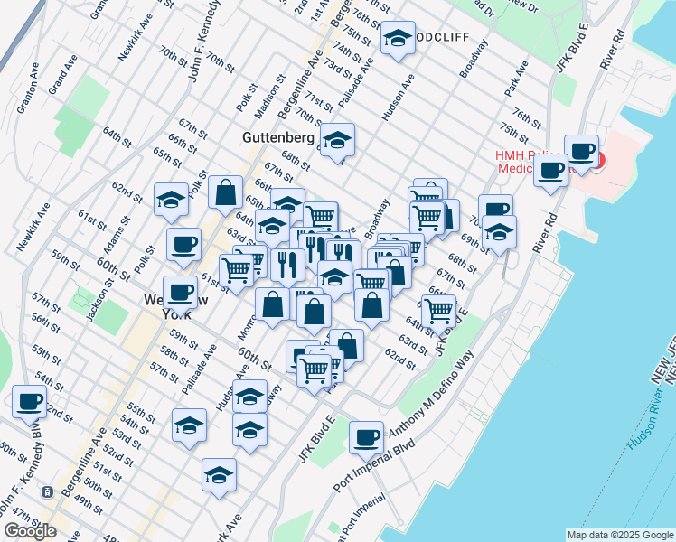map of restaurants, bars, coffee shops, grocery stores, and more near 6304 Broadway in West New York