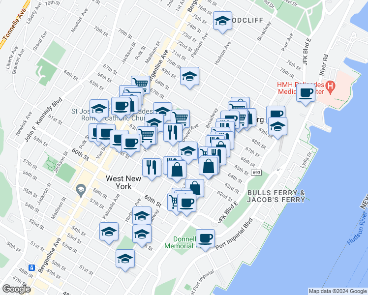map of restaurants, bars, coffee shops, grocery stores, and more near 6304 Broadway in West New York
