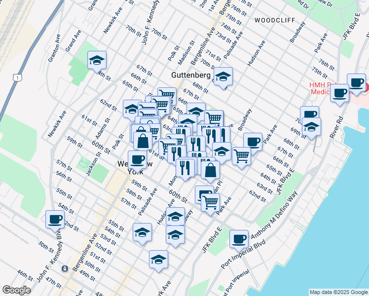 map of restaurants, bars, coffee shops, grocery stores, and more near 311 62nd Street in West New York